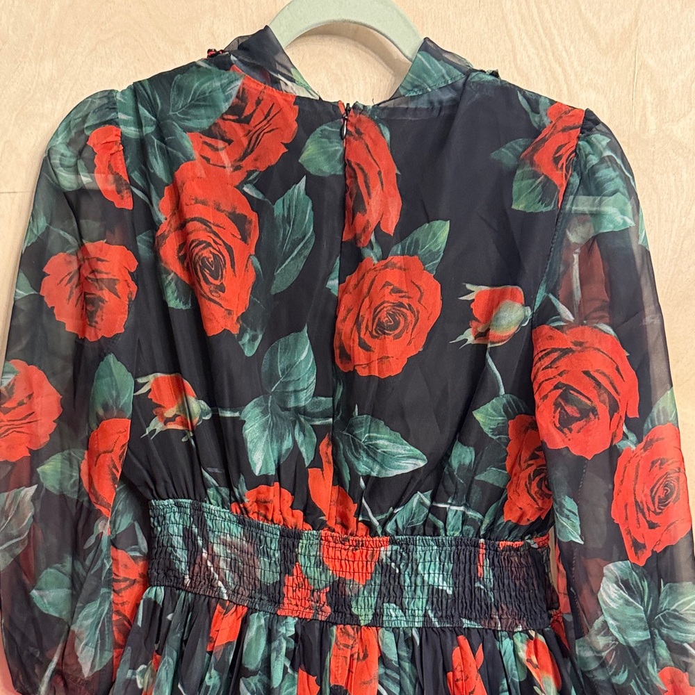 Red Rose Print Black Midi Dress with Tie Neck - Picture 3 of 4